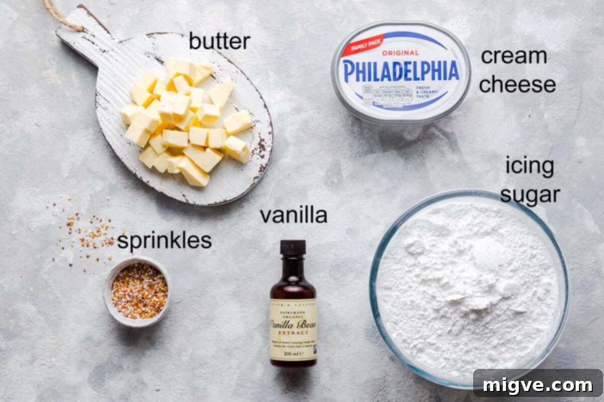 Holiday Gingerbread Delights with Cream Cheese Clouds 4 top view of the ingredients for a cream cheese frosting with text labels