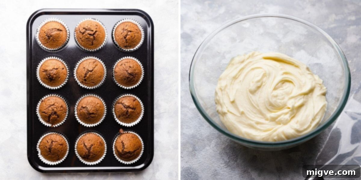 Holiday Gingerbread Delights with Cream Cheese Clouds 5 side by side photos of cupcakes in baking tin and a bowl with frosting