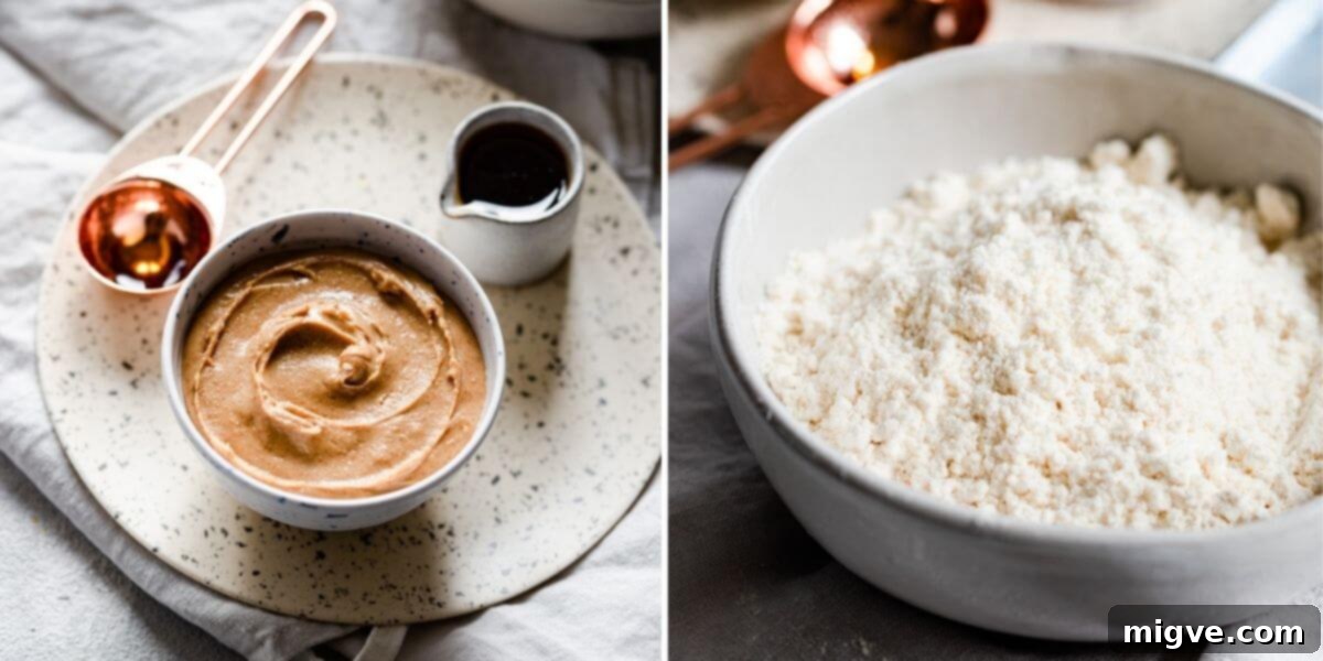 A visual display of the three core ingredients: coconut flour, smooth peanut butter, and maple syrup, essential for making the energy balls.