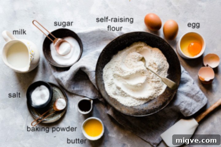 Overhead view of all seven pancake ingredients, neatly arranged with descriptive text labels.