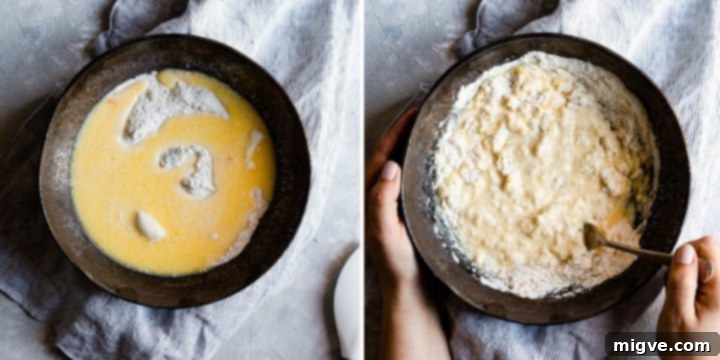 Process shots showing the making of pancake batter: first mixing dry ingredients, then wet, and finally combining them.