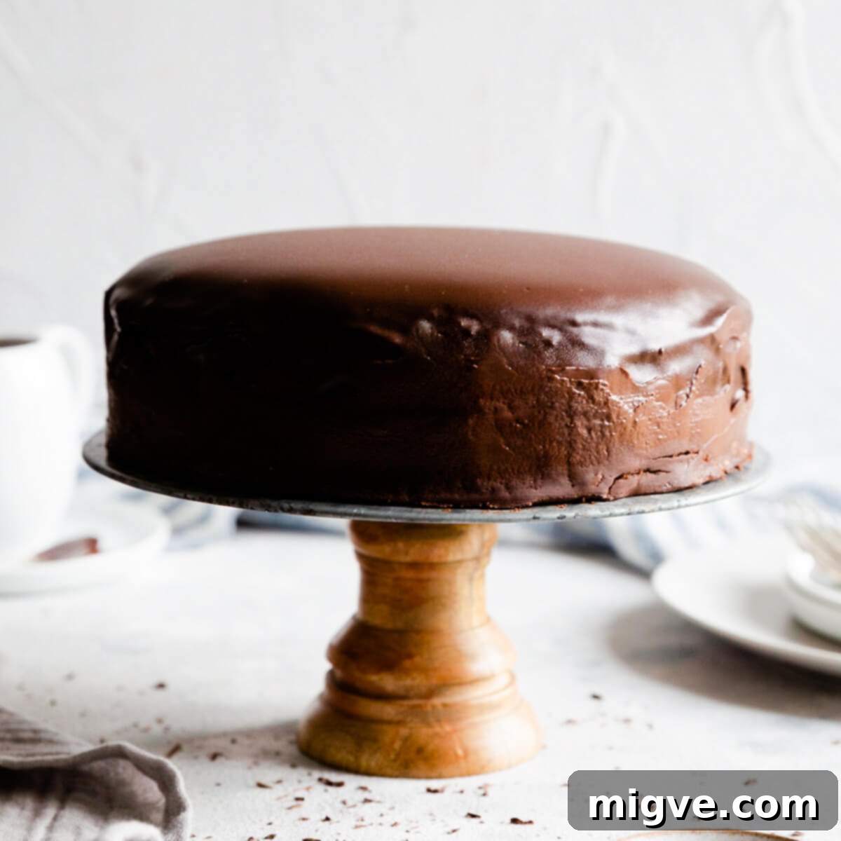 Decadent Chocolate Crepe Dream 11 straight ahead close up of chocolate crepe cake on a cake stand