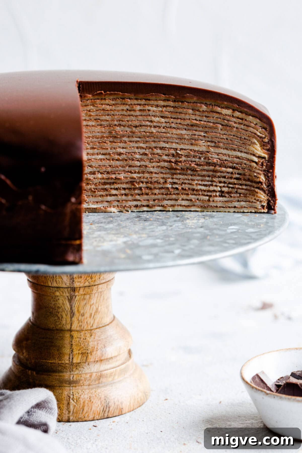 Decadent Chocolate Crepe Dream 14 straight ahead shot showing the inside layers of chocolate crepe cake