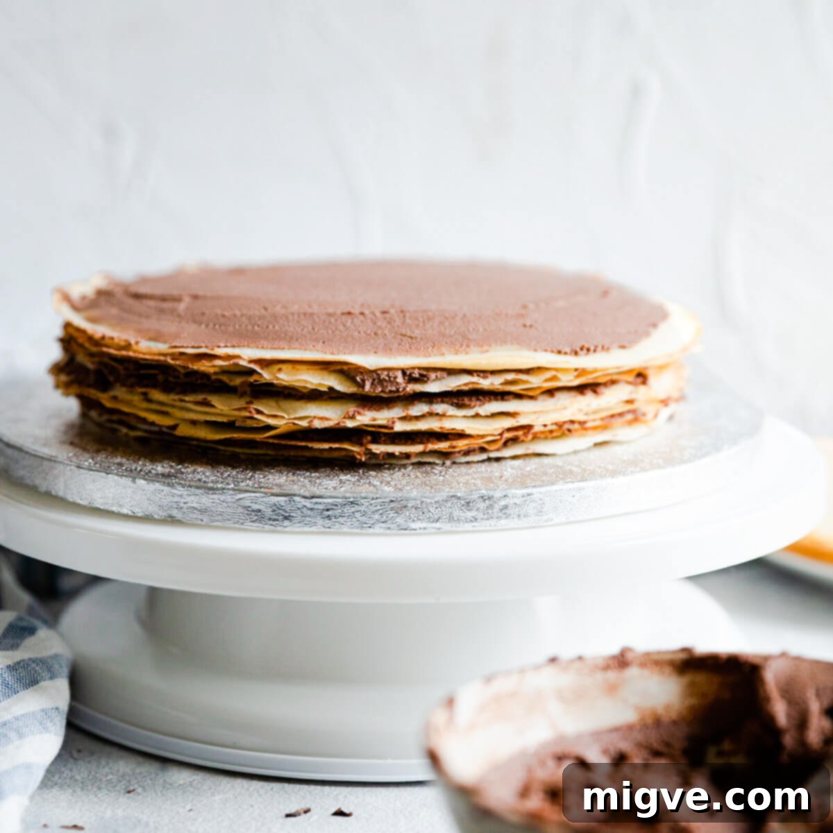 Decadent Chocolate Crepe Dream 9 straight ahead view at stack of crepes with chocolate cream filling