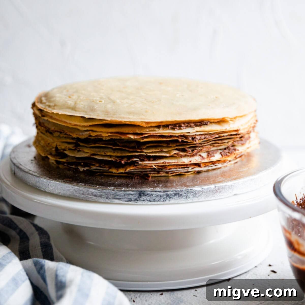 Decadent Chocolate Crepe Dream 10 straight ahead view of the stack of French crepes layered with cream