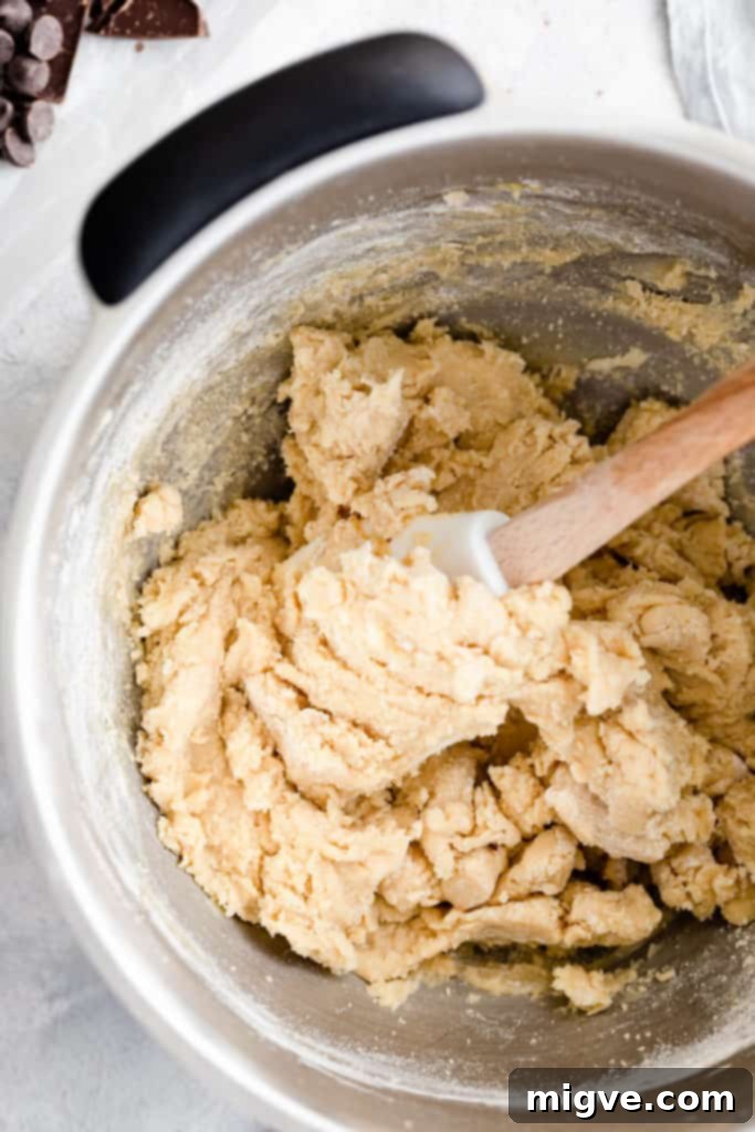top view of a cookie dough mix in a bowl after wet ingredients are combined