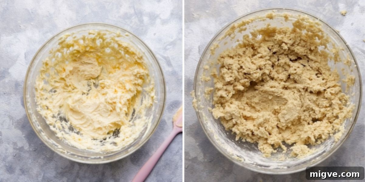 A sequence of top-view photos illustrating the process of mixing ingredients and forming the perfect cookie dough, ready for chilling.