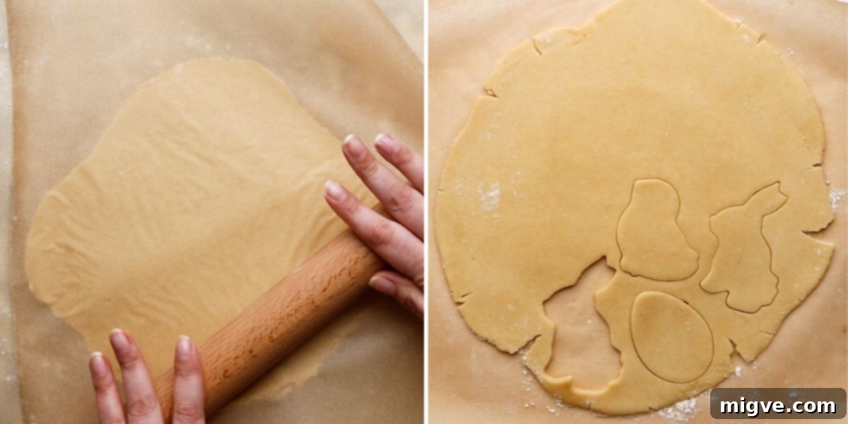 Process shots demonstrating how to expertly roll out sugar cookie dough to an even thickness and then use various cookie cutters to create festive shapes.