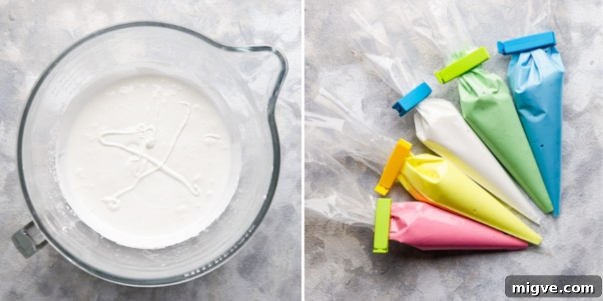 An overhead view showcasing vibrant royal icing in a mixing bowl and neatly portioned into individual piping bags, ready for cookie decoration.