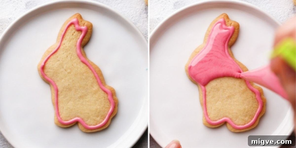 A series of overhead shots depicting the step-by-step process of decorating Easter sugar cookies with royal icing, from outlining to flooding.