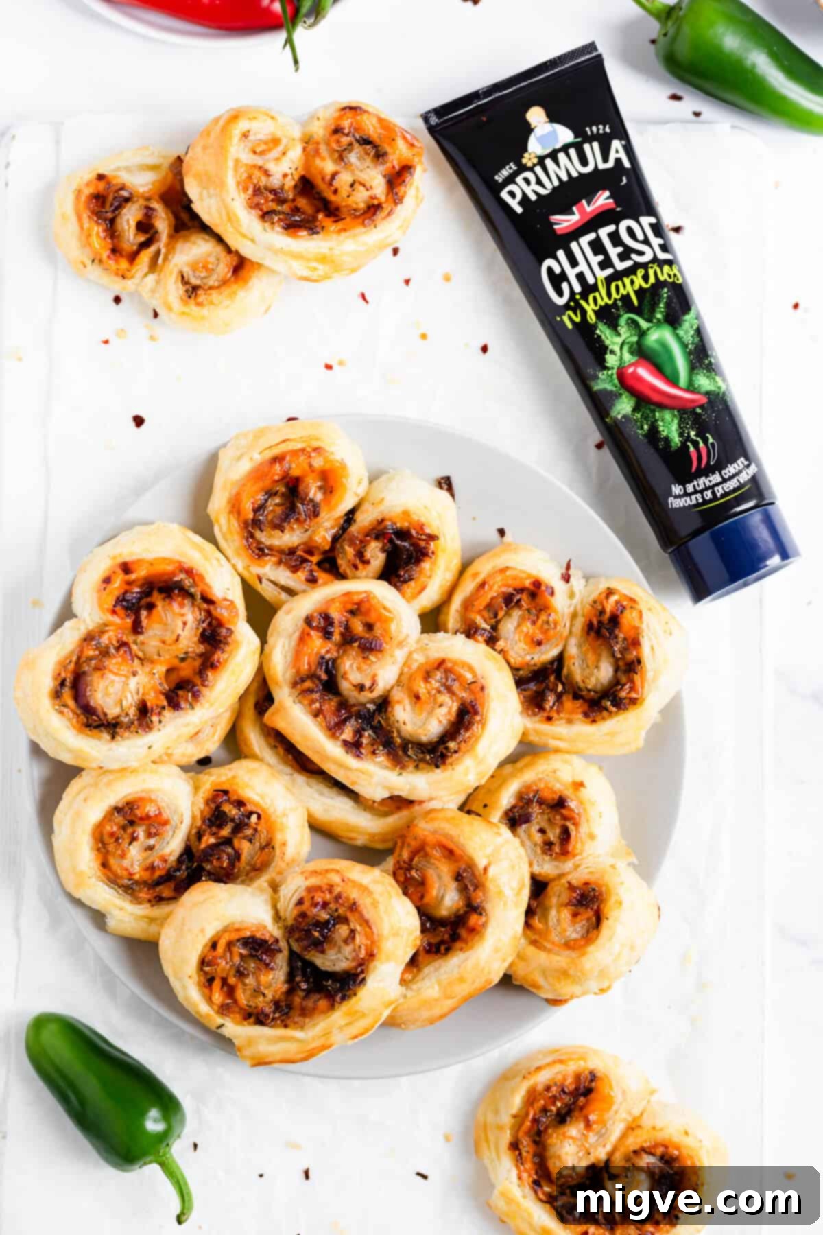 top view of plate with cheese and onion palmiers