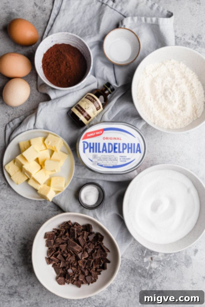 top view of the ingredients for cheesecake brownies
