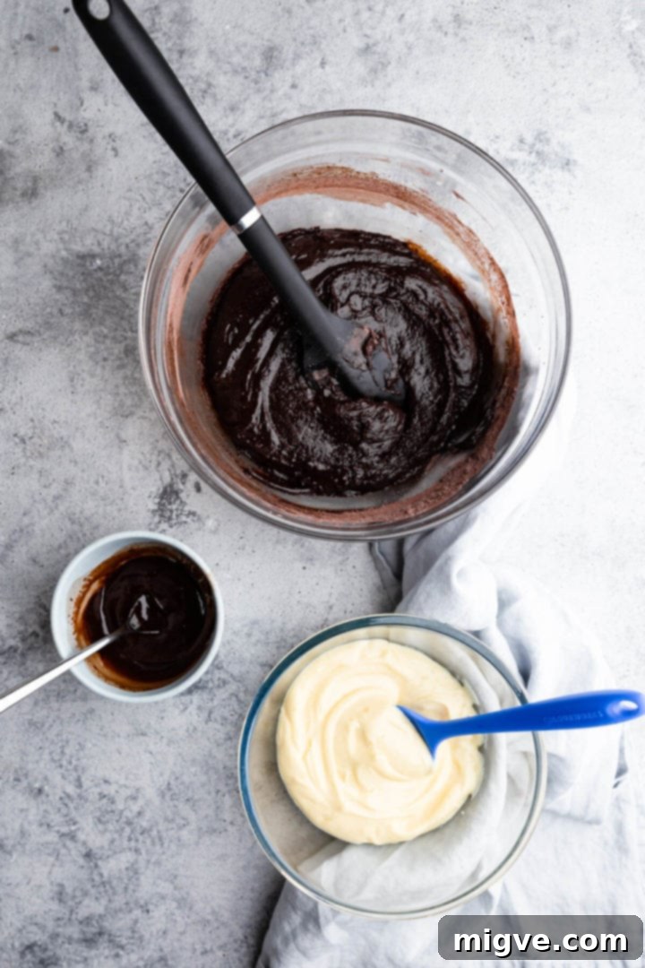 overhead shot of bowls with batter for brownies