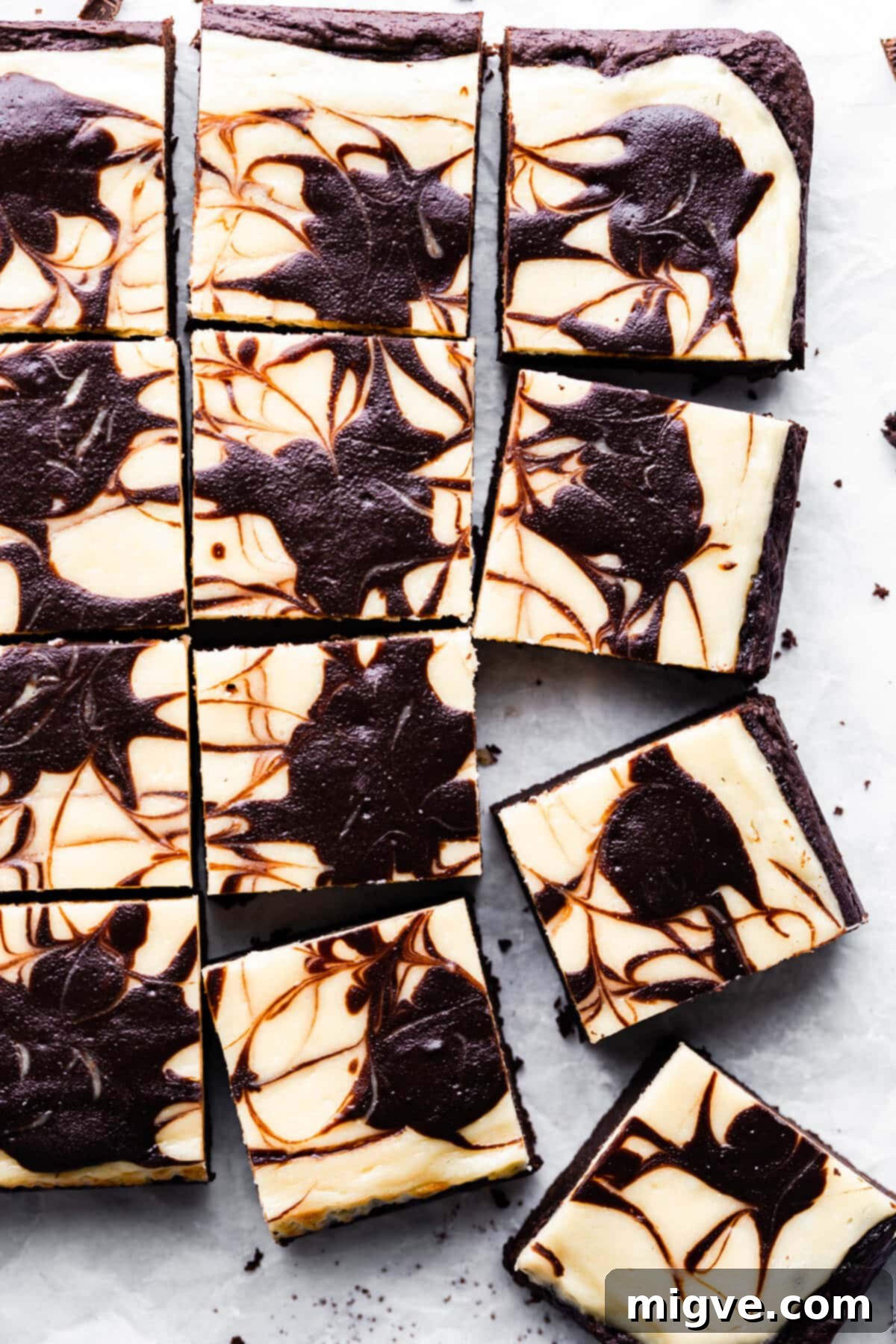 top view super close up of cheesecake brownies pieces