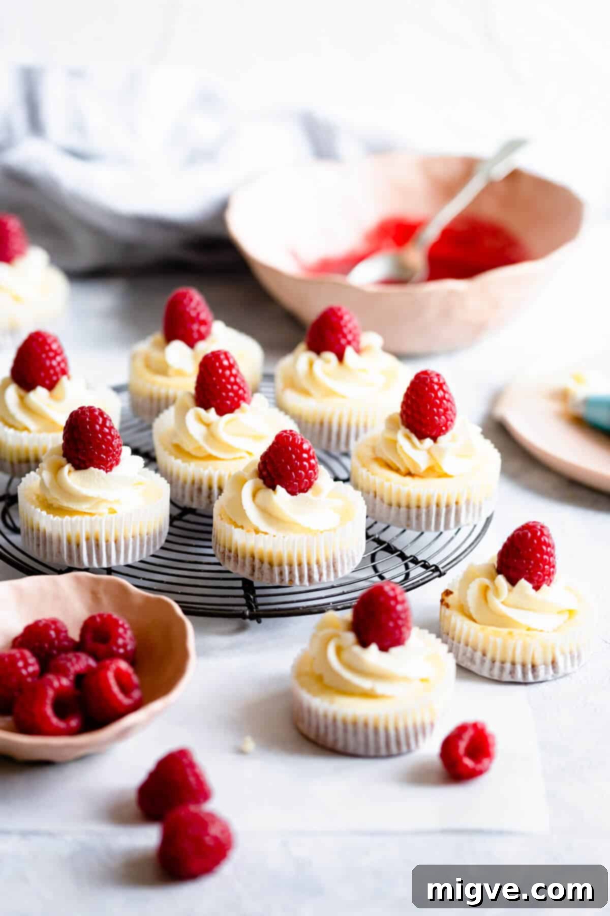 Cheesecake Bites 4 side shot of freshly baked mini cheesecakes on a cooling rack