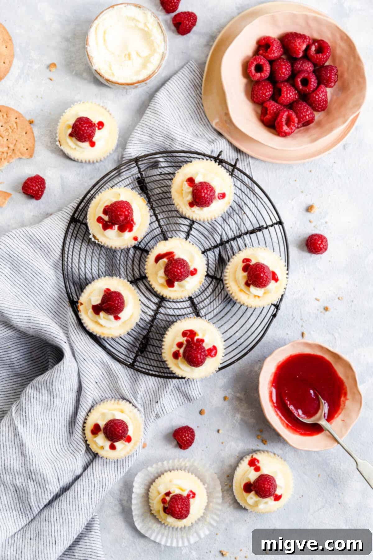 Cheesecake Bites 5 overhead shot of individual mini cheesecakes drizzled with raspberry sauce