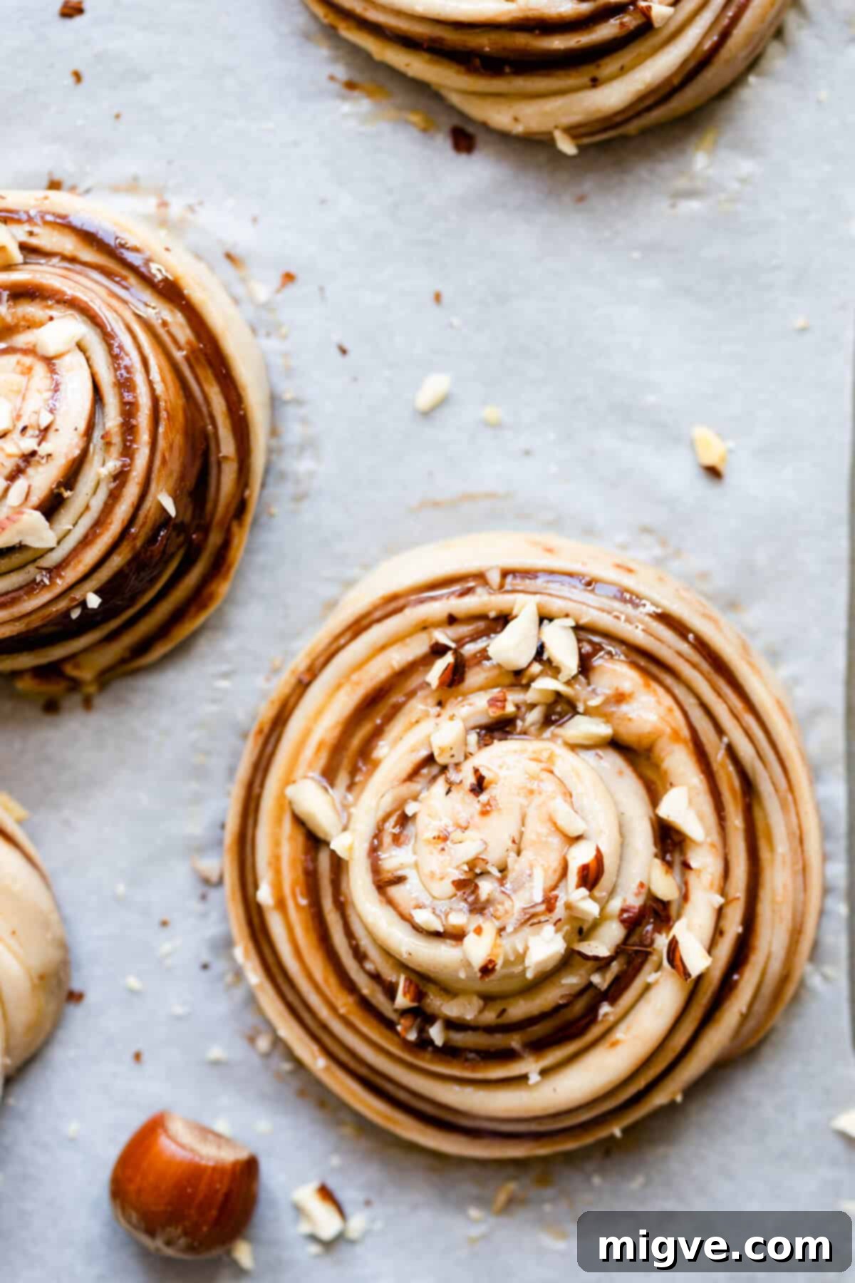 overhead close up at bun with hazelnut spread