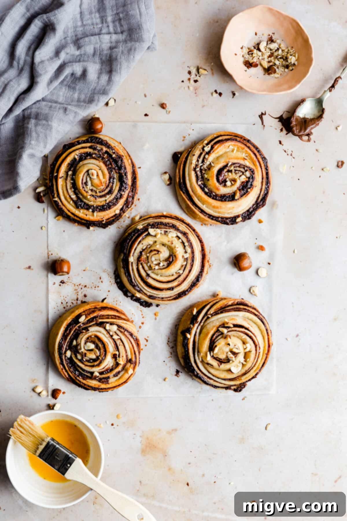 overhead shot of 5 hazelnut buns
