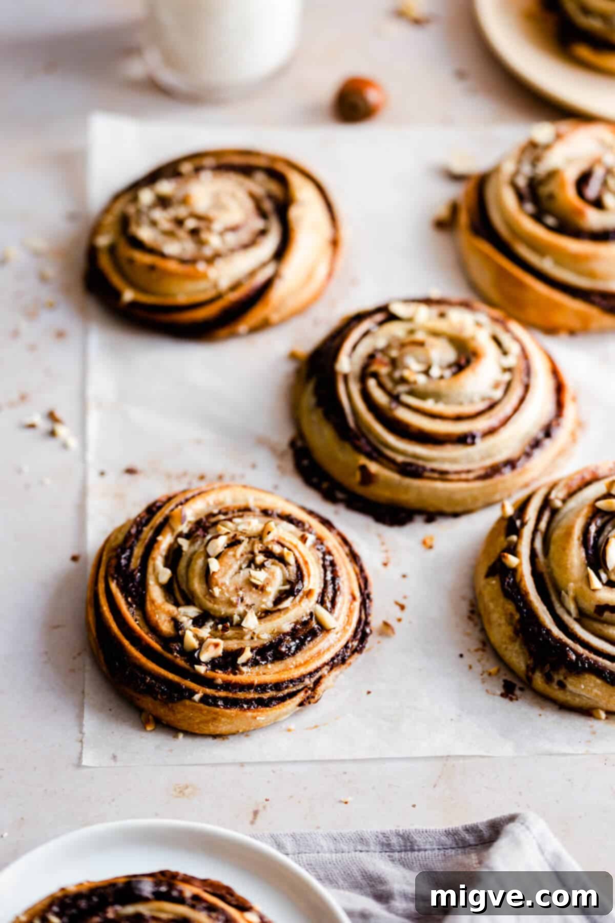 side view of hazelnut buns on baking paper