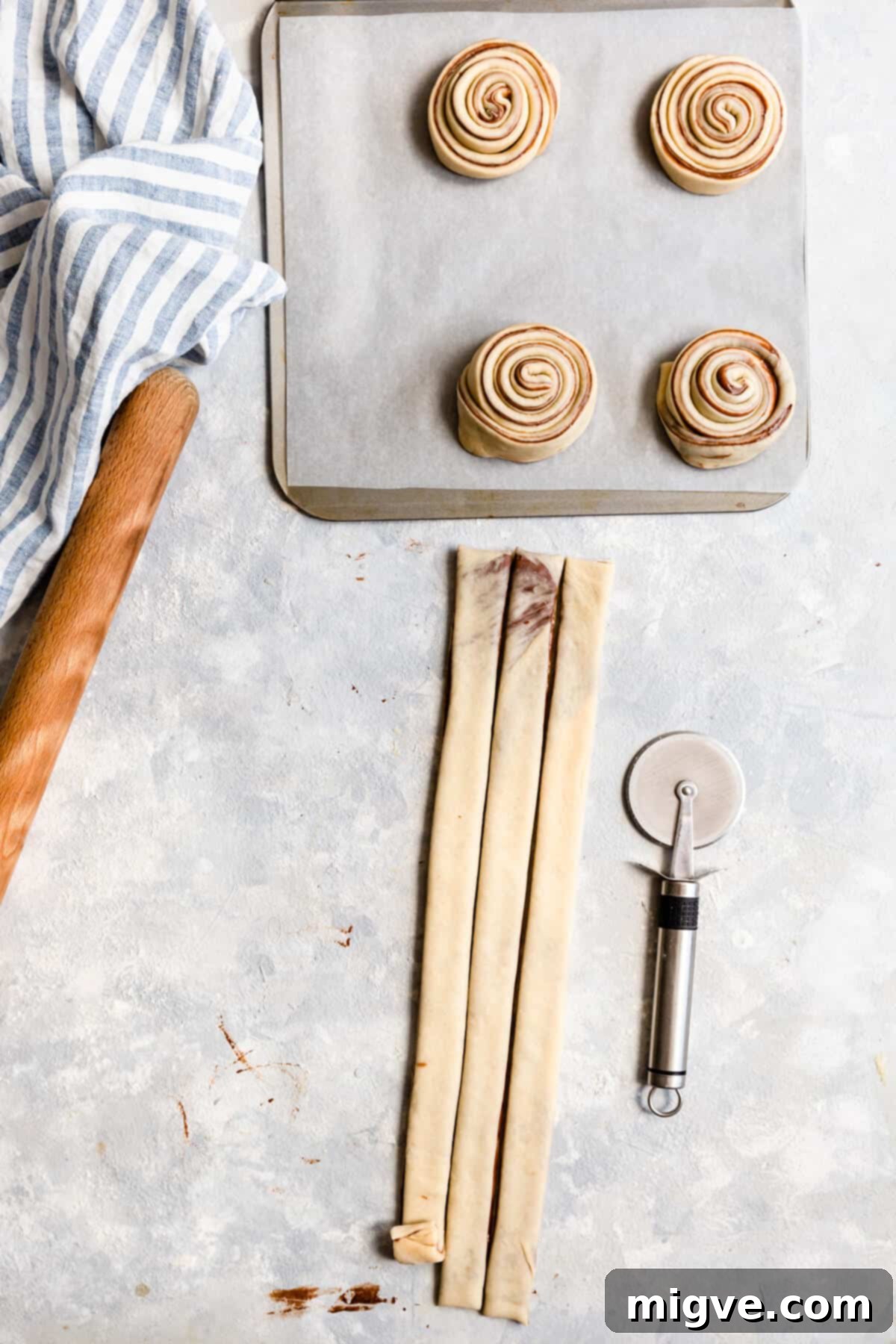 top view of dough cut into thin strips