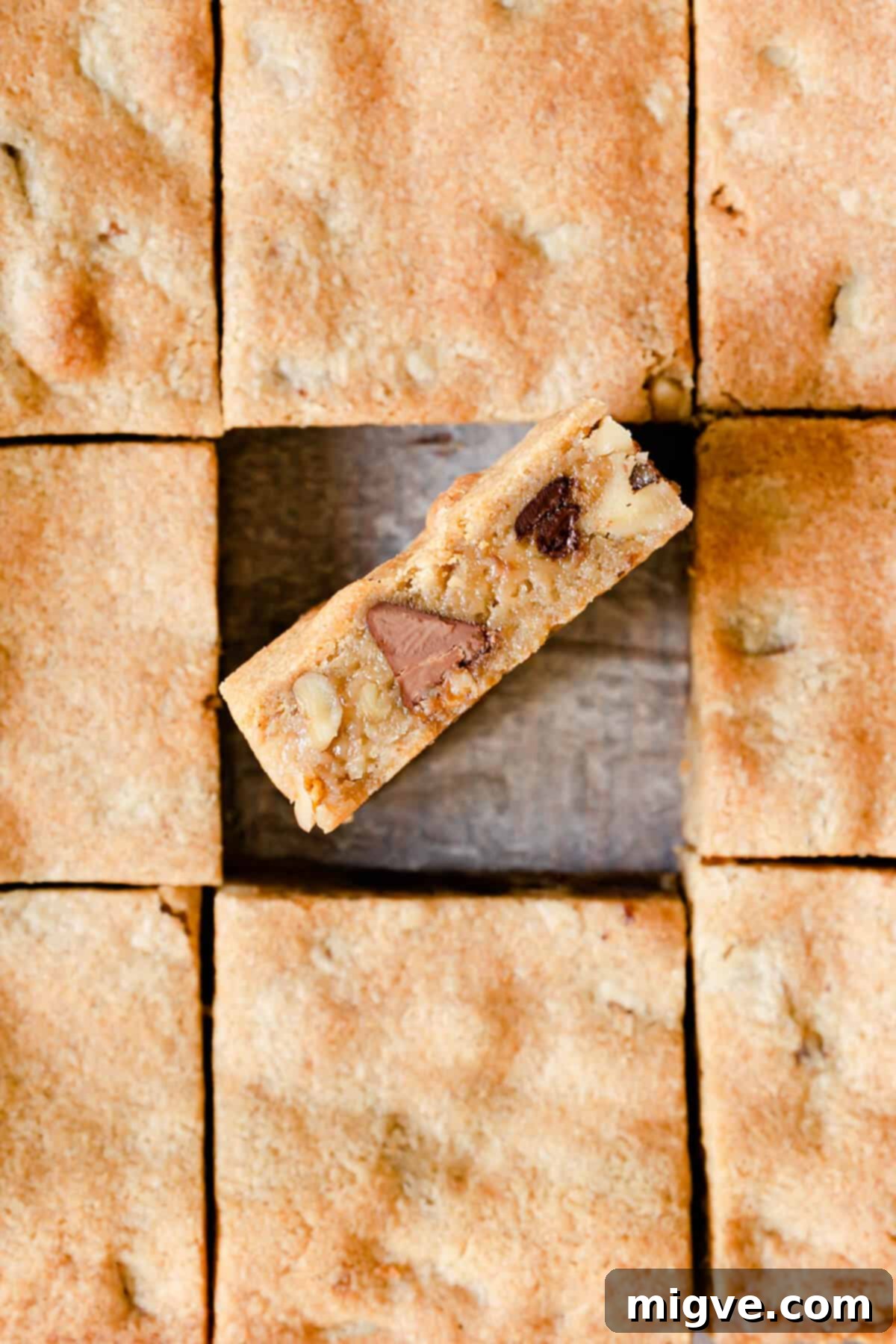 Chocolate Chip and Walnut Blondies 10 Super close-up of a blondie bar, highlighting its intensely gooey and rich texture with visible chocolate chips