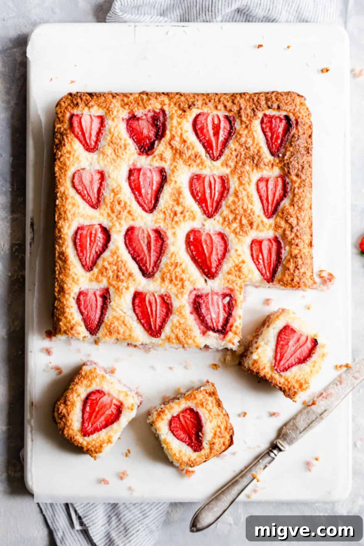 top view of strawberry coconut ice squares bake