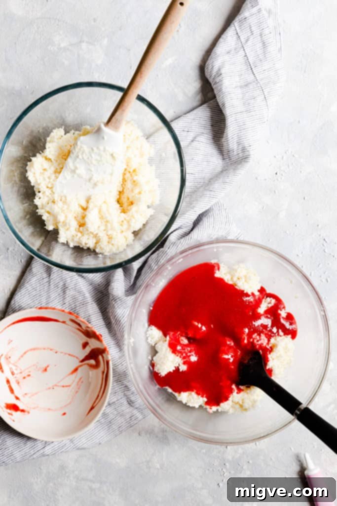 overhead shot of bowls with coconut and strawberry mixture