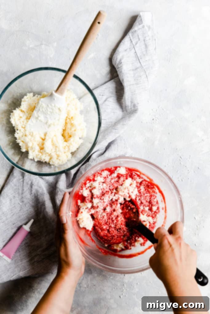 top view showing strawberry puree mixed into coconut