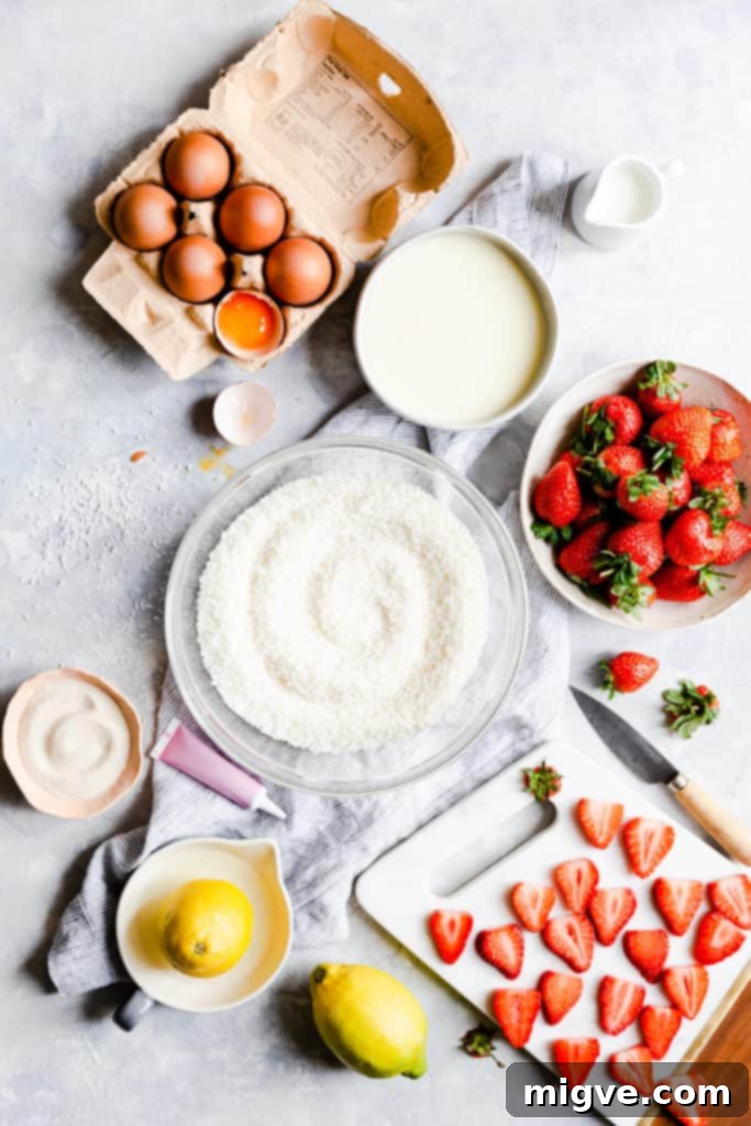 top view of the ingredients to make strawberry coconut ice squares