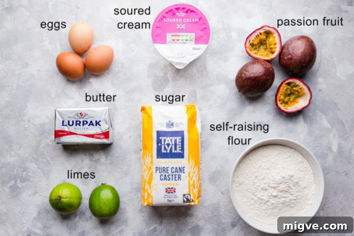 Tropical Passion Fruit Delight 3 Overhead shot of fresh ingredients including passion fruit, limes, butter, eggs, and sour cream, neatly laid out for baking a passion fruit cake