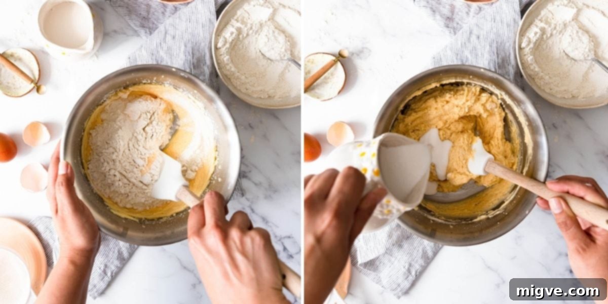 Tropical Passion Fruit Delight 4 Process shots demonstrating the gentle folding of cake batter with a spatula to avoid overmixing and ensure a light texture