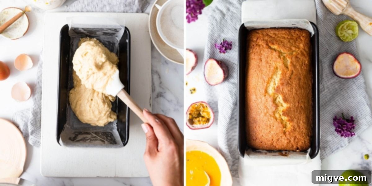 Tropical Passion Fruit Delight 5 Process shots of a baked passion fruit cake cooling in its loaf tin on a wire rack, ready for the delicious drizzle