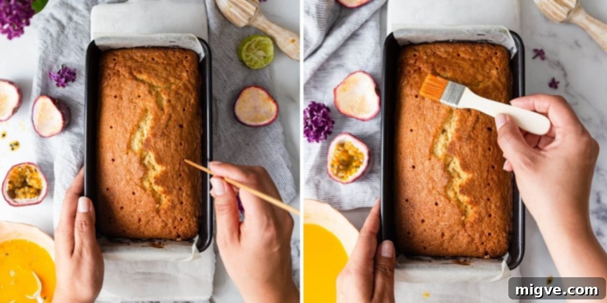 Tropical Passion Fruit Delight 6 Process shots showing how to prepare the passion fruit and lime drizzle, including poking holes in the cake and pouring the syrup with sugared seeds