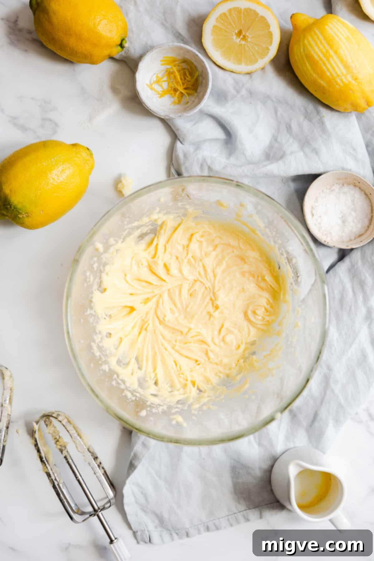 Zesty Small Batch Lemon Drizzle Cake 9 Top view of the smooth and thick cake batter for lemon drizzle cake, perfectly mixed after adding all ingredients.