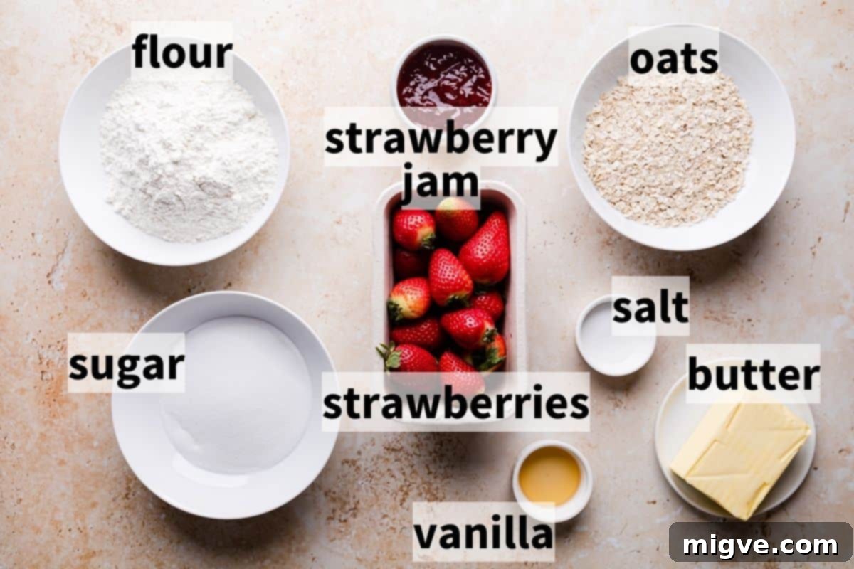 Bowls with the ingredients for crumble bars with strawberries, neatly labeled for easy identification.