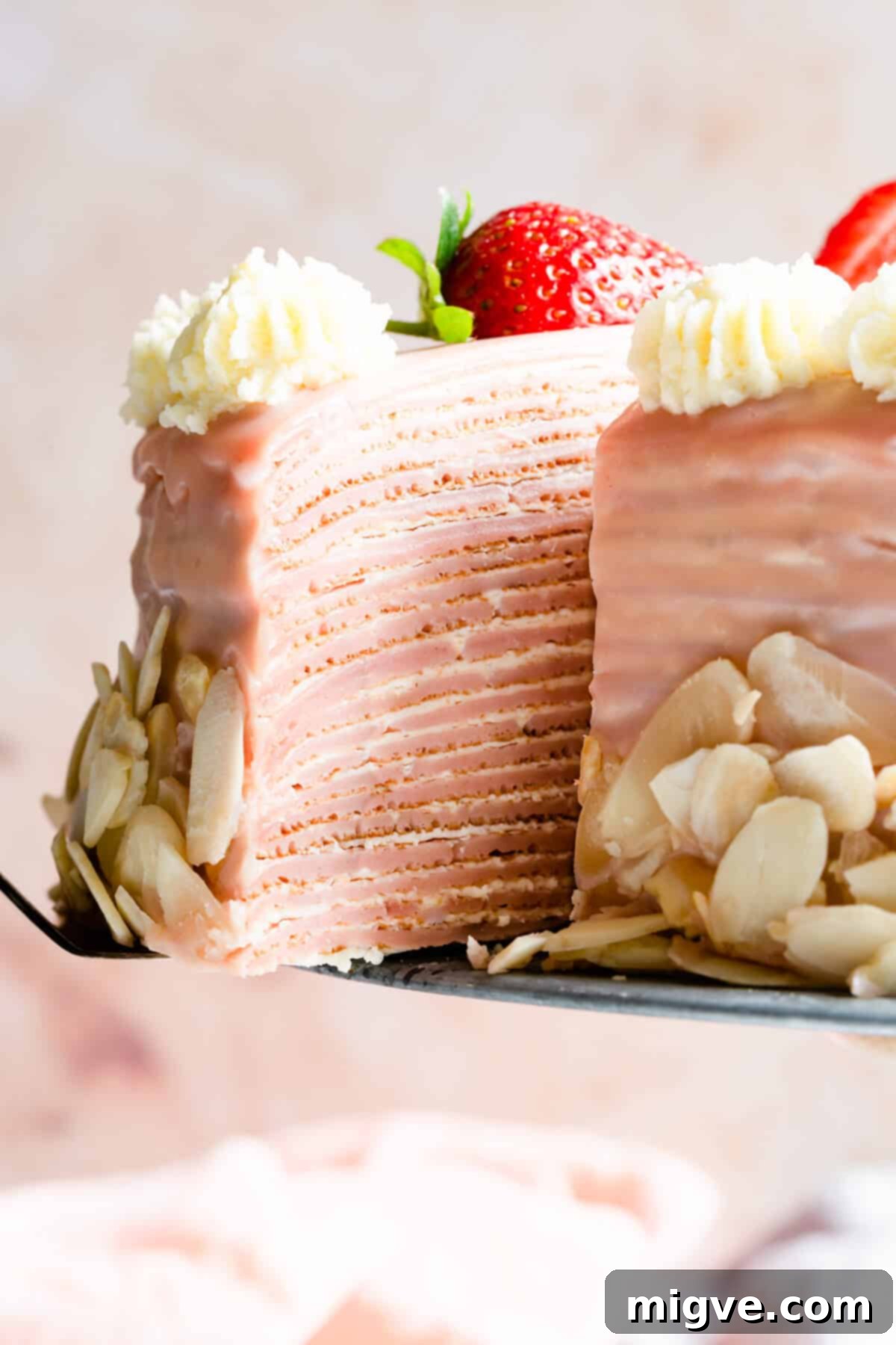 super close up showing a slice of crepe cake revealing its layers