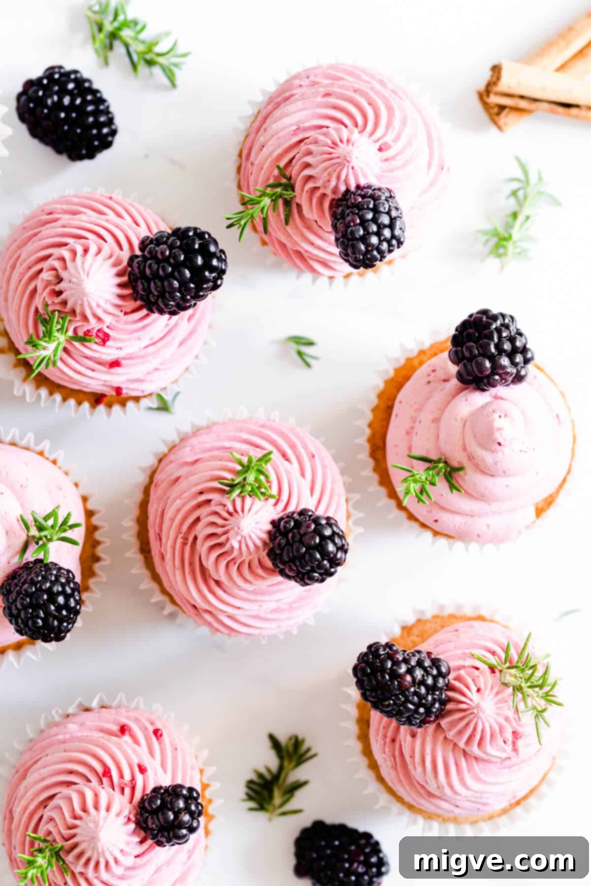 Top view of beautifully frosted spiced apple cupcakes adorned with vibrant pink blackberry buttercream, ready for serving.