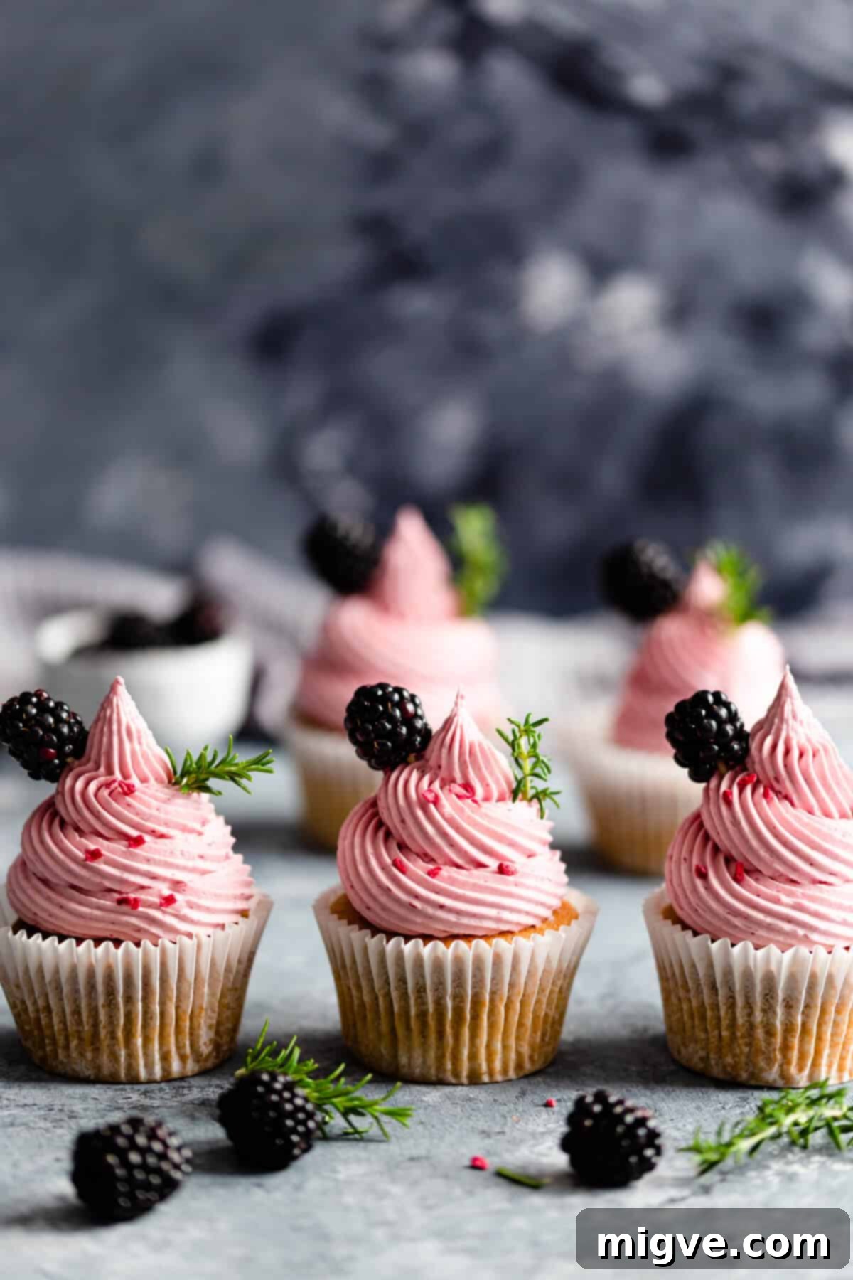 Straight ahead close-up of three beautifully frosted spiced apple cupcakes, each topped with a swirl of pink blackberry buttercream.