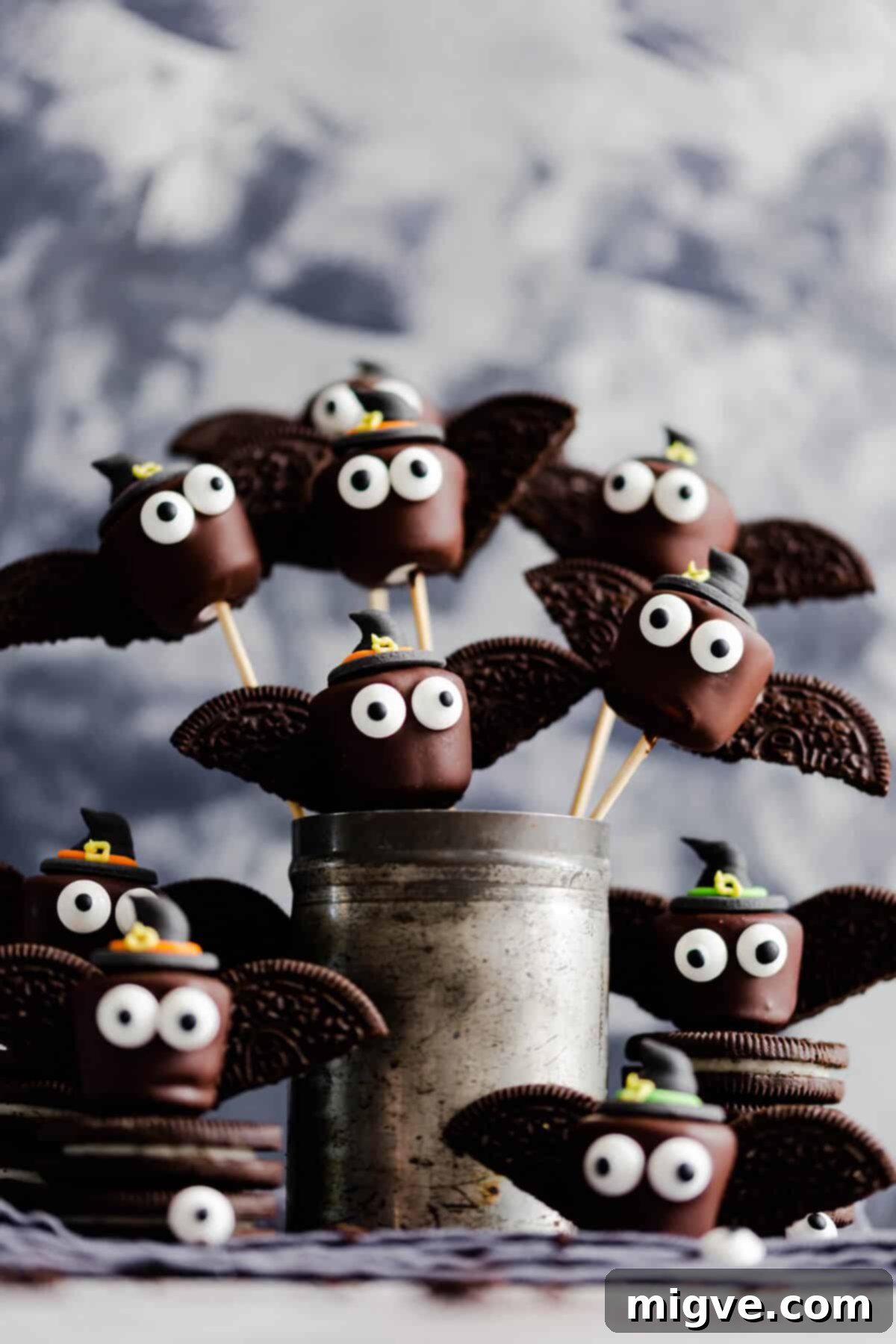 Midnight Marshmallow Bats 2 straight ahead shot at little chocolate marshmallow bats wearing witches hats