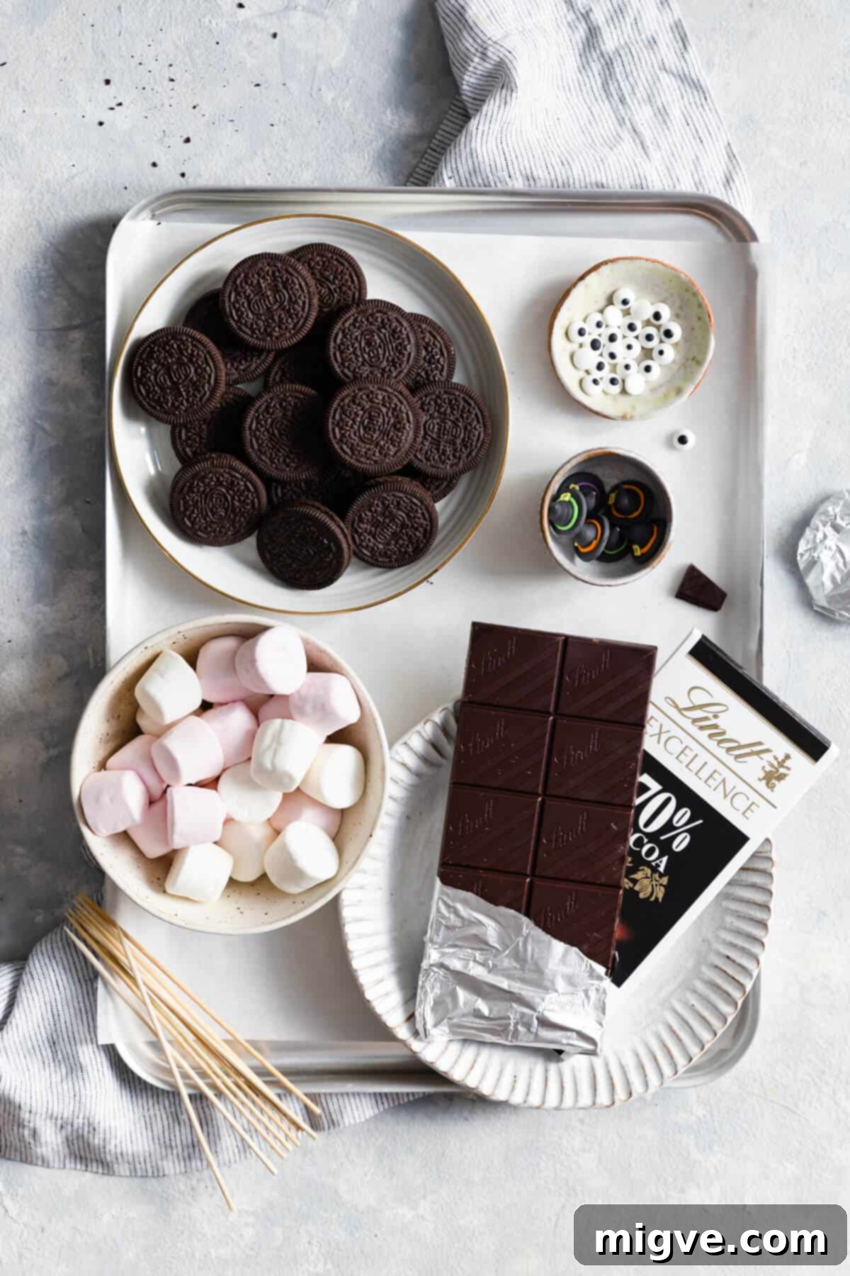 Midnight Marshmallow Bats 4 top view at a tray with ingredients to make chocolate bats