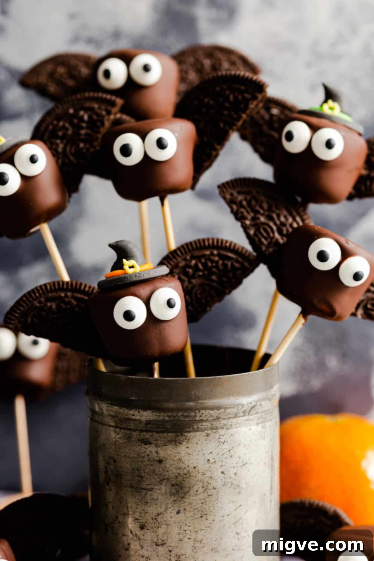 Midnight Marshmallow Bats 9 straight ahead close up at chocolate covered marshmallow that looks like a bat