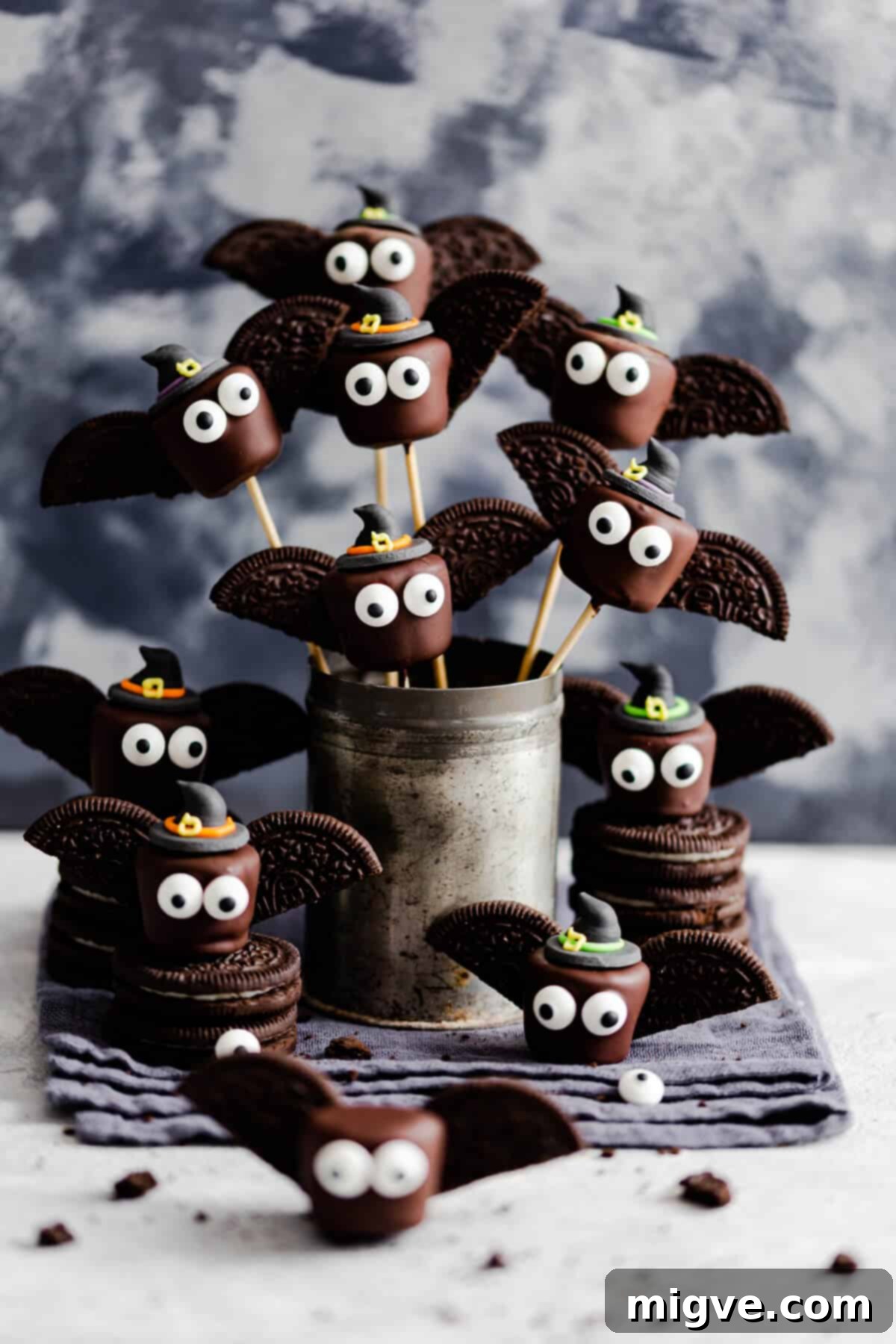 Midnight Marshmallow Bats 10 side angle of chocolate marshmallows looking like little bats on bamboo skewers