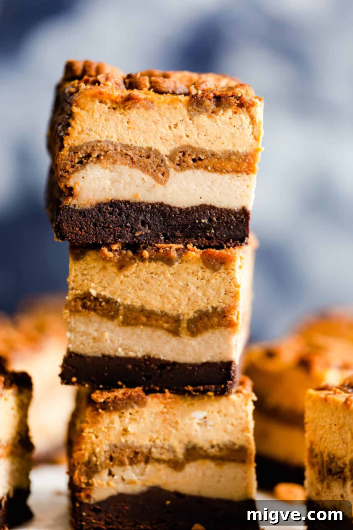 side super close up at a stack of three pumpkin cheesecake bars