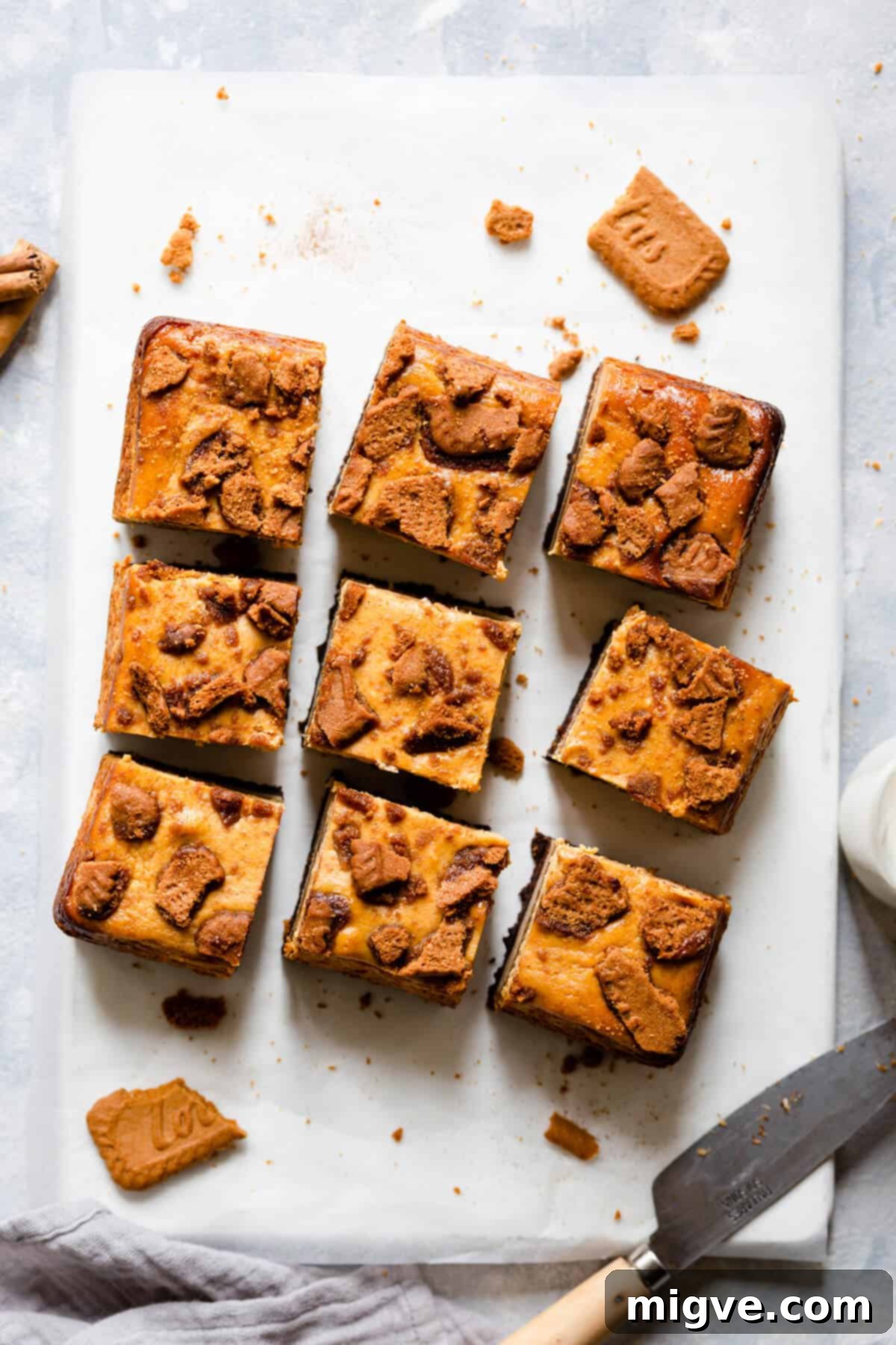 top view at 9 square slices of pumpkin cheesecake bars