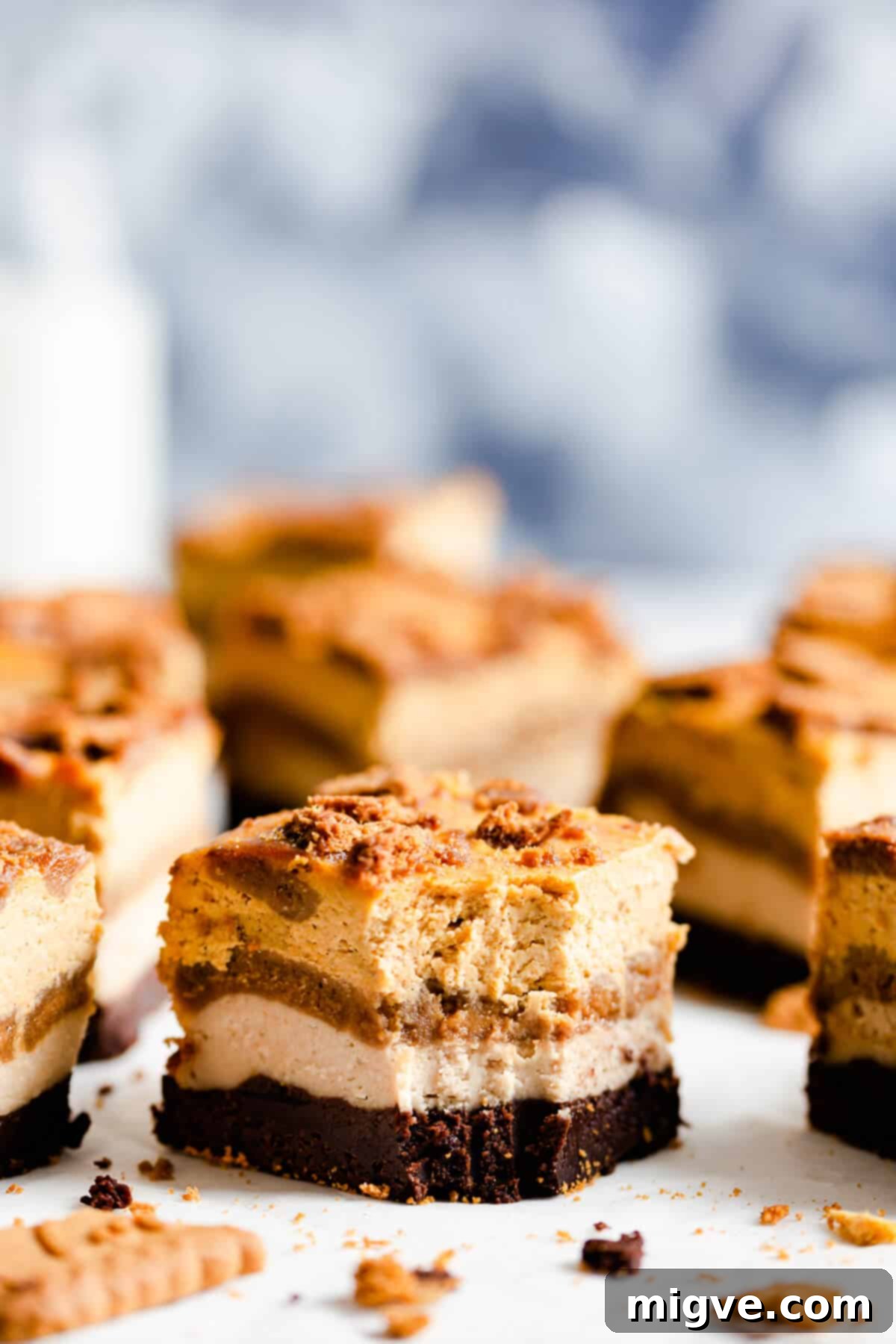 side close up of a pumpkin biscoff cheesecake brownie with bite taken out