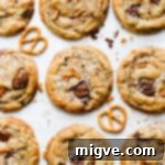 top view at chocolate chip cookies with pretzels and sea salt