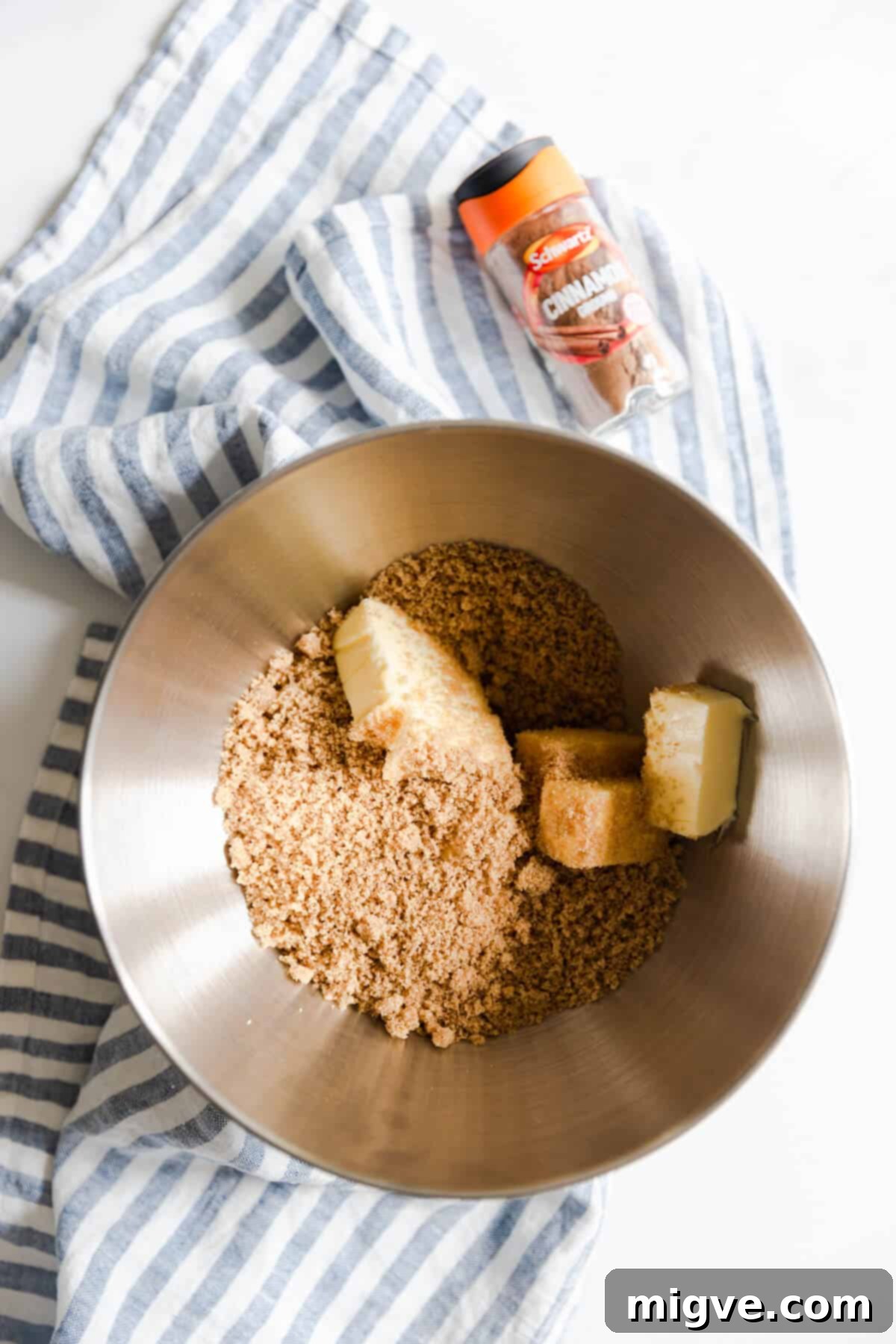 overhead shot of a brown sugar and butter in a mixing bowl
