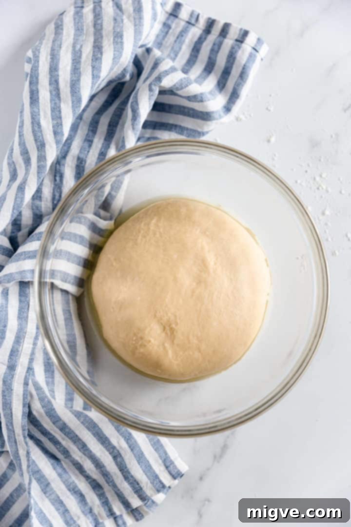 top view of a dough inside of a lightly greased bowl