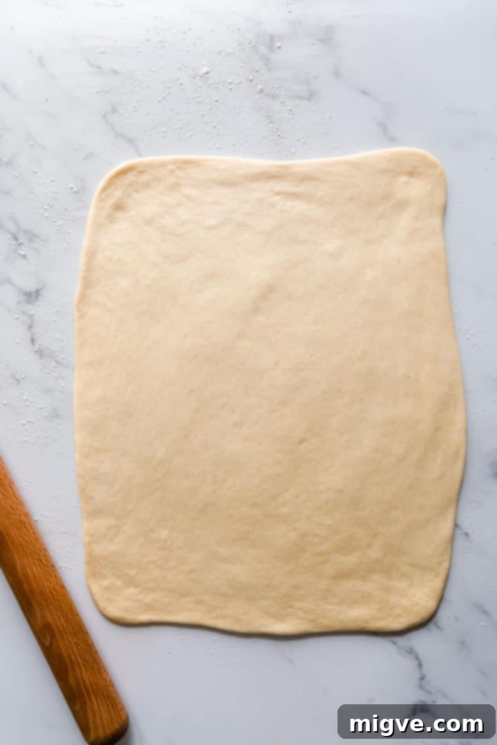 top view of a soft dough rolled into large rectangle
