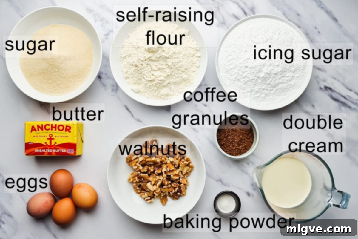 the ingredients for the coffee walnut cake with text labels.